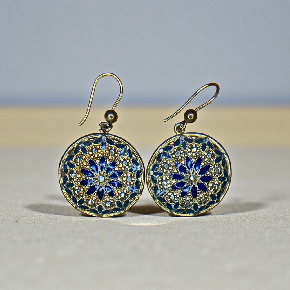 Italian Filigree 925 Silver Earrings | Blue Enamel Floral Drops